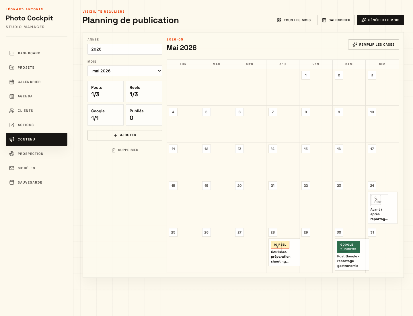 Aperçu du cockpit contenu pour suivre les projets, les actions, les idées de posts et le planning de publication